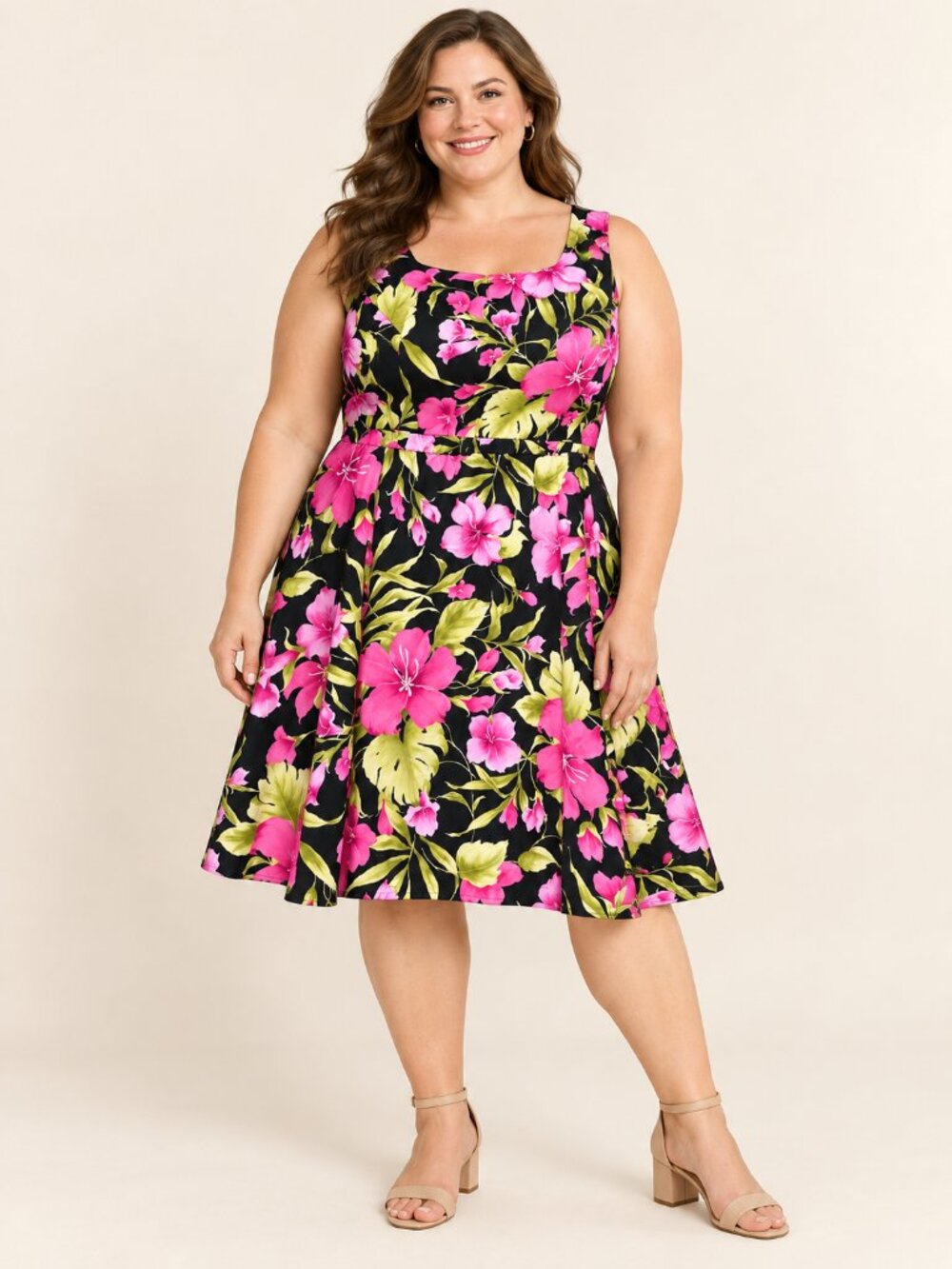 Dressbarn Woman 22W Pink Floral Black Fit & Flare Dress